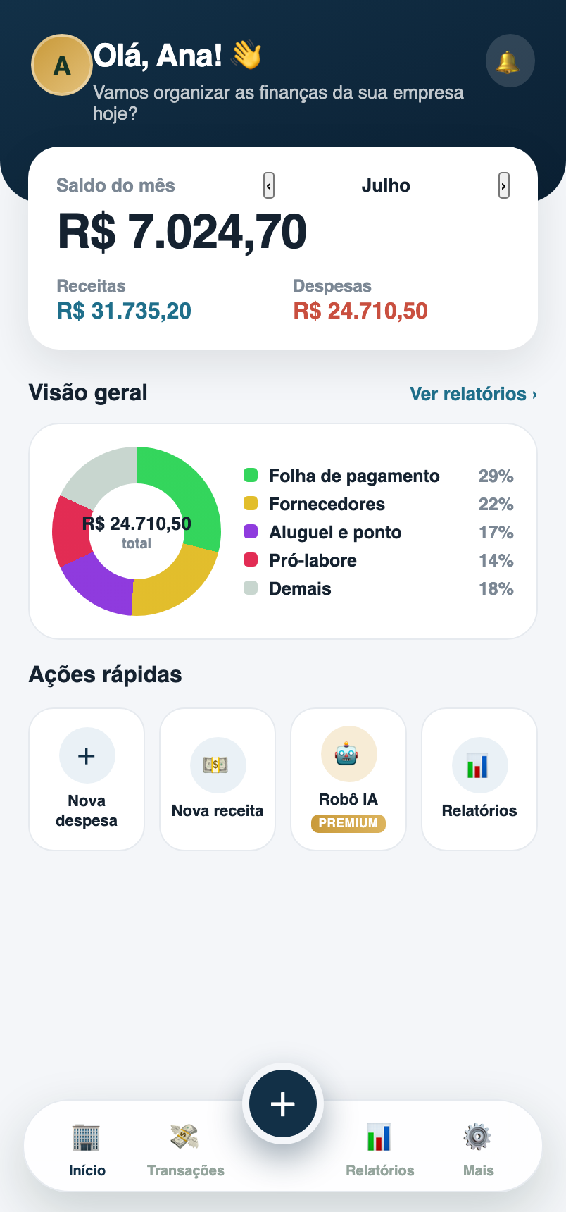 Tela inicial do app com saldo do mês, receitas, despesas e gráfico por categoria