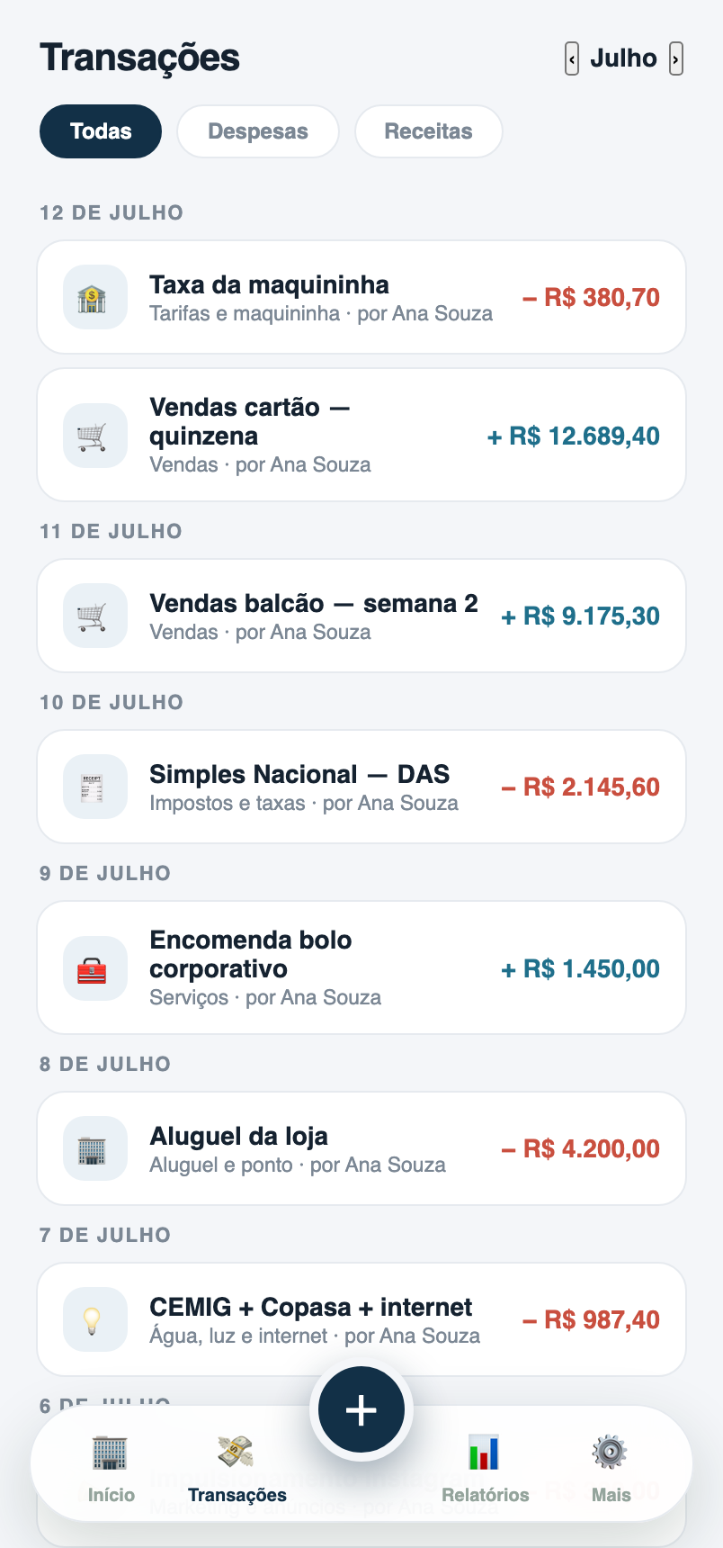 Lista de transações da empresa com quem lançou cada uma